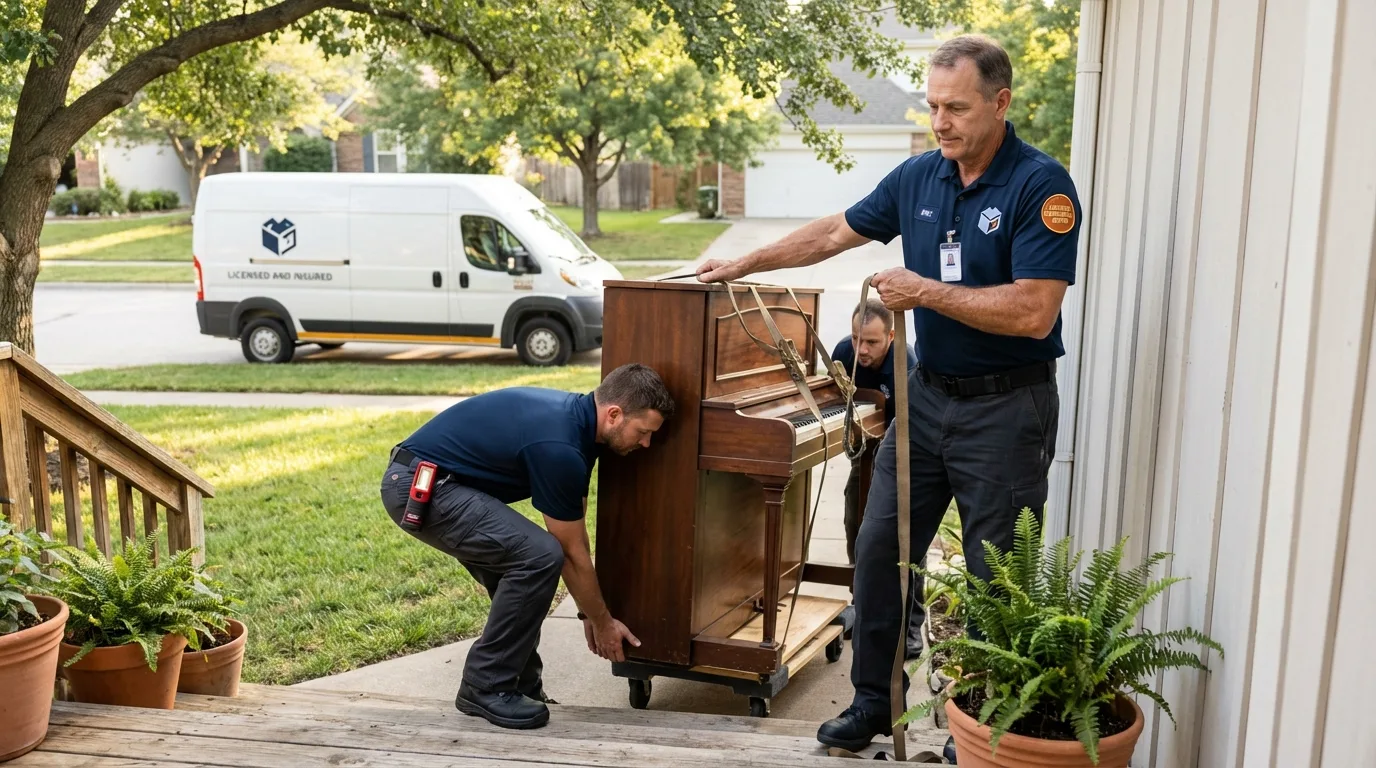 Licensed piano movers securing grand piano in Middleburgh, NY