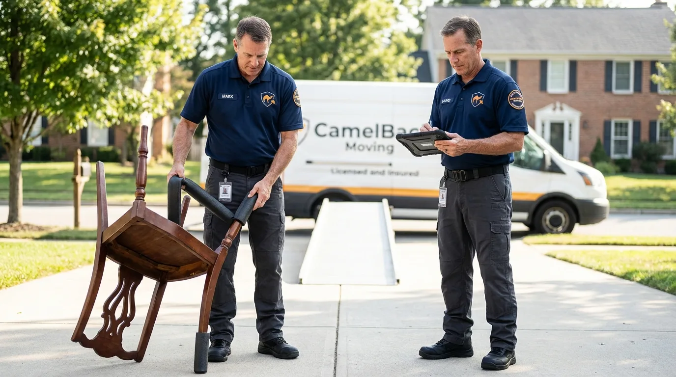 Movers inspecting furniture for damage prevention before loading in Middleburgh, NY